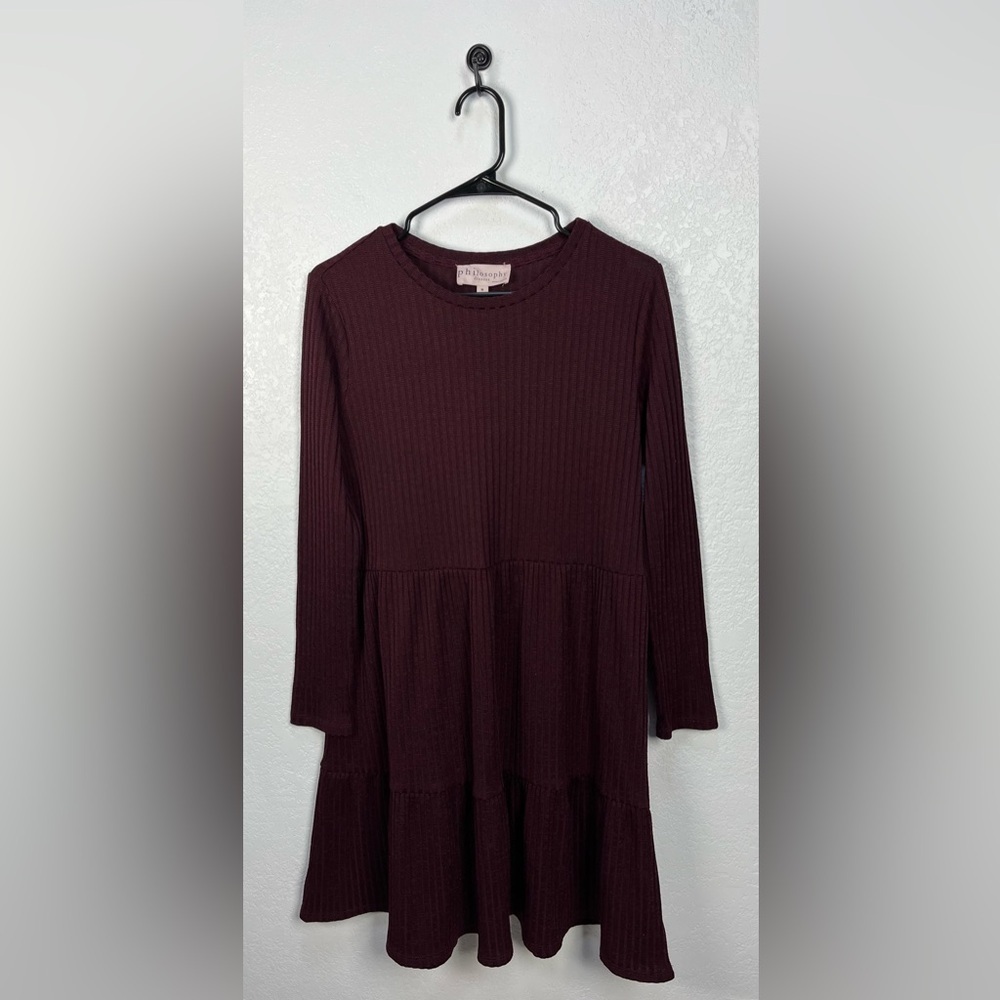 Philosophy Dress Sz M burgundy Knit Sweater A-Line Gathered Ruffled Chic TC0837